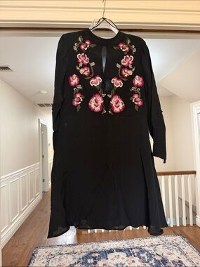 Nanette Lepore Black Dress with Pink Floral Embroidery